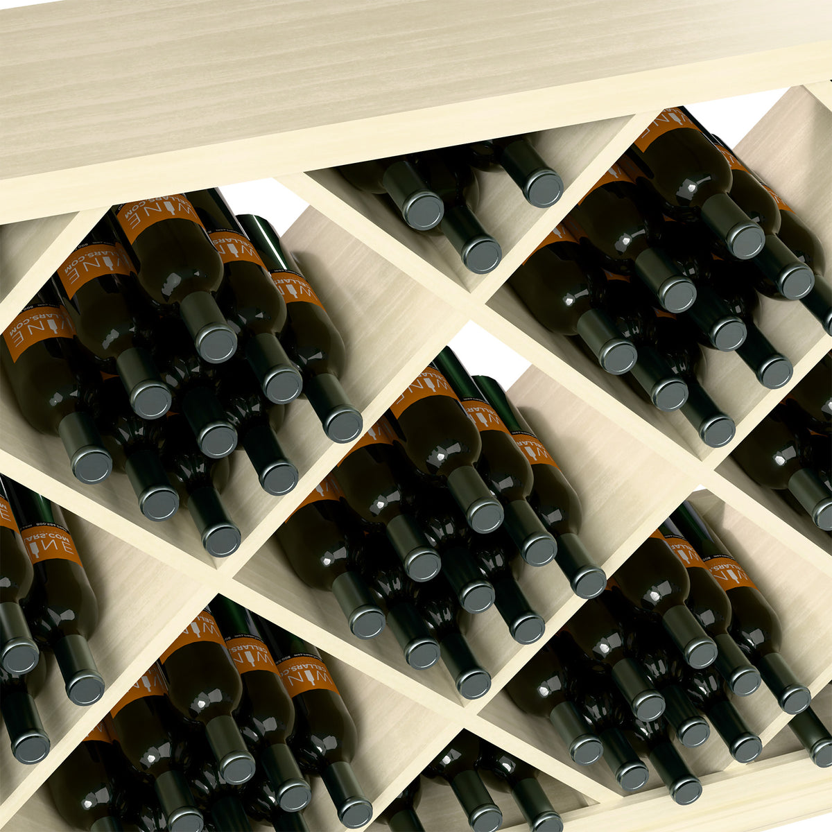 Half-height wine rack detail: light wood cubbies with dark bottles and caps