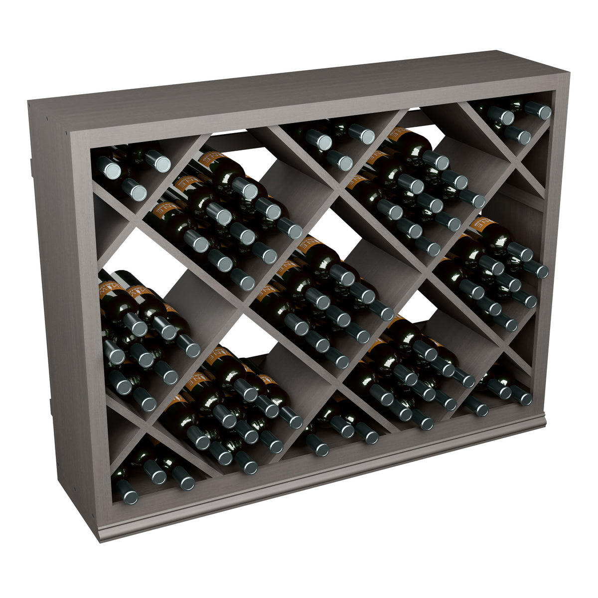Half-height wooden wine bottle rack with diamond grid compartments, holding bottles on display