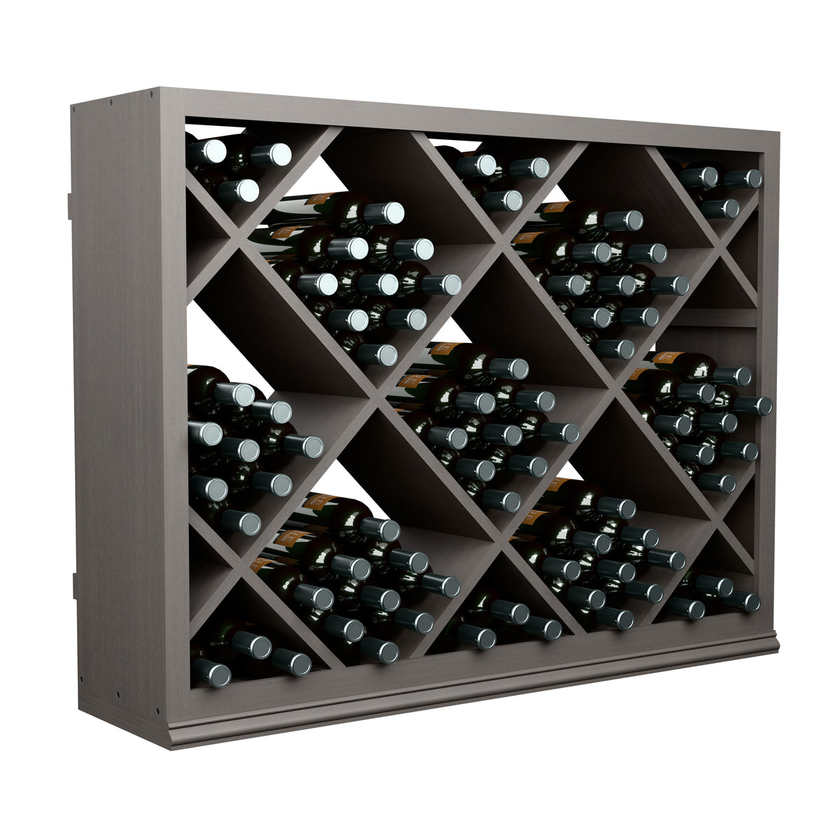 Half-height wine bottle rack with diamond lattice shelves, bottles arranged in cubbies