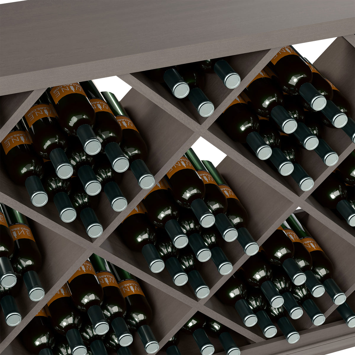 Close-up of half-height wine bottle rack showing diamond compartments and bottle necks