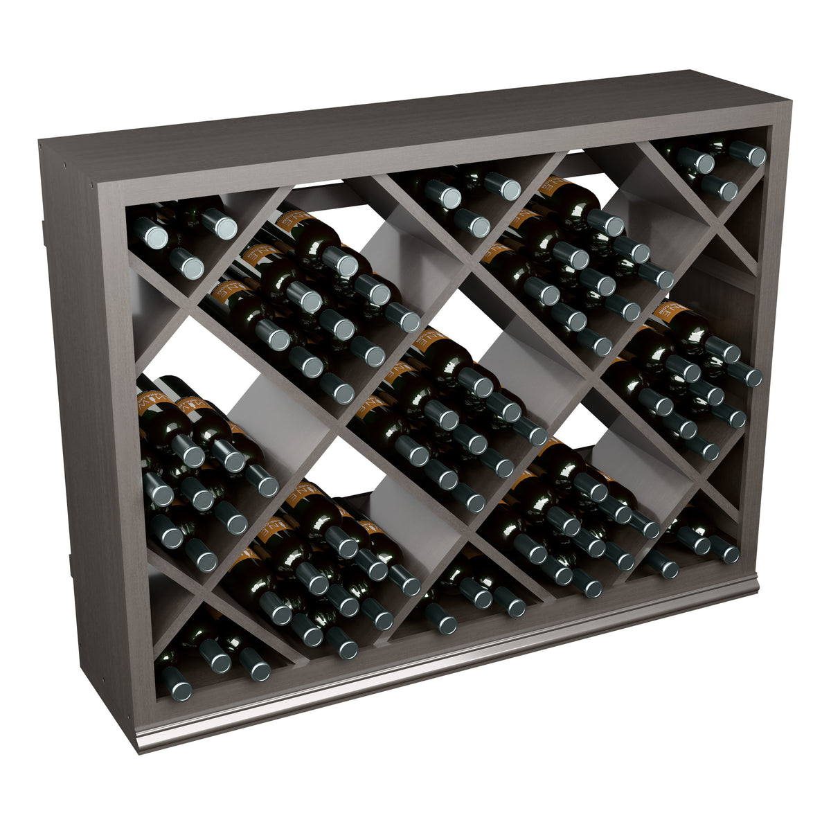 Front view half-height wooden wine bottle rack with diamond grid and stocked bottles
