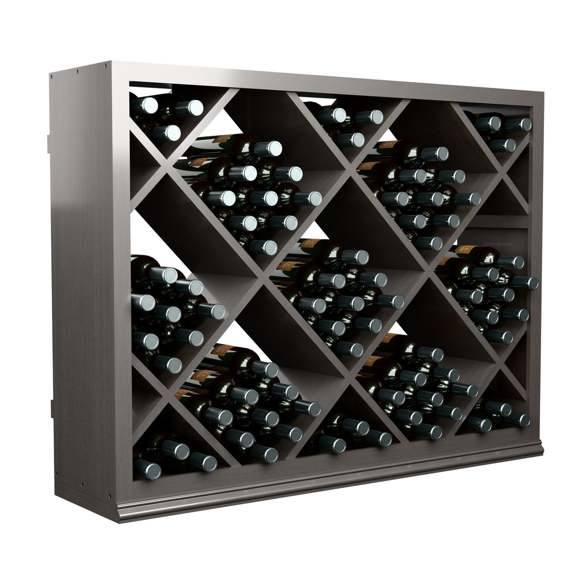Half-height wooden wine rack featuring diamond pattern slots with bottles resting sideways