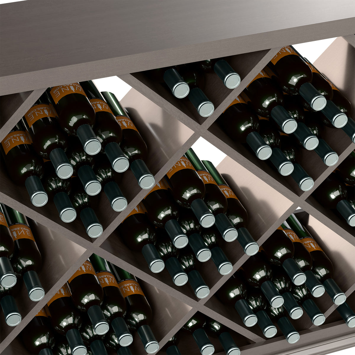 Close-up of half-height wine bottle rack compartments with bottles and silver bottle caps
