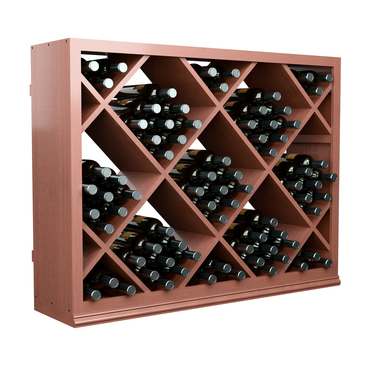 Half-height wine bottle display rack with diamond lattice slots and filled bottles