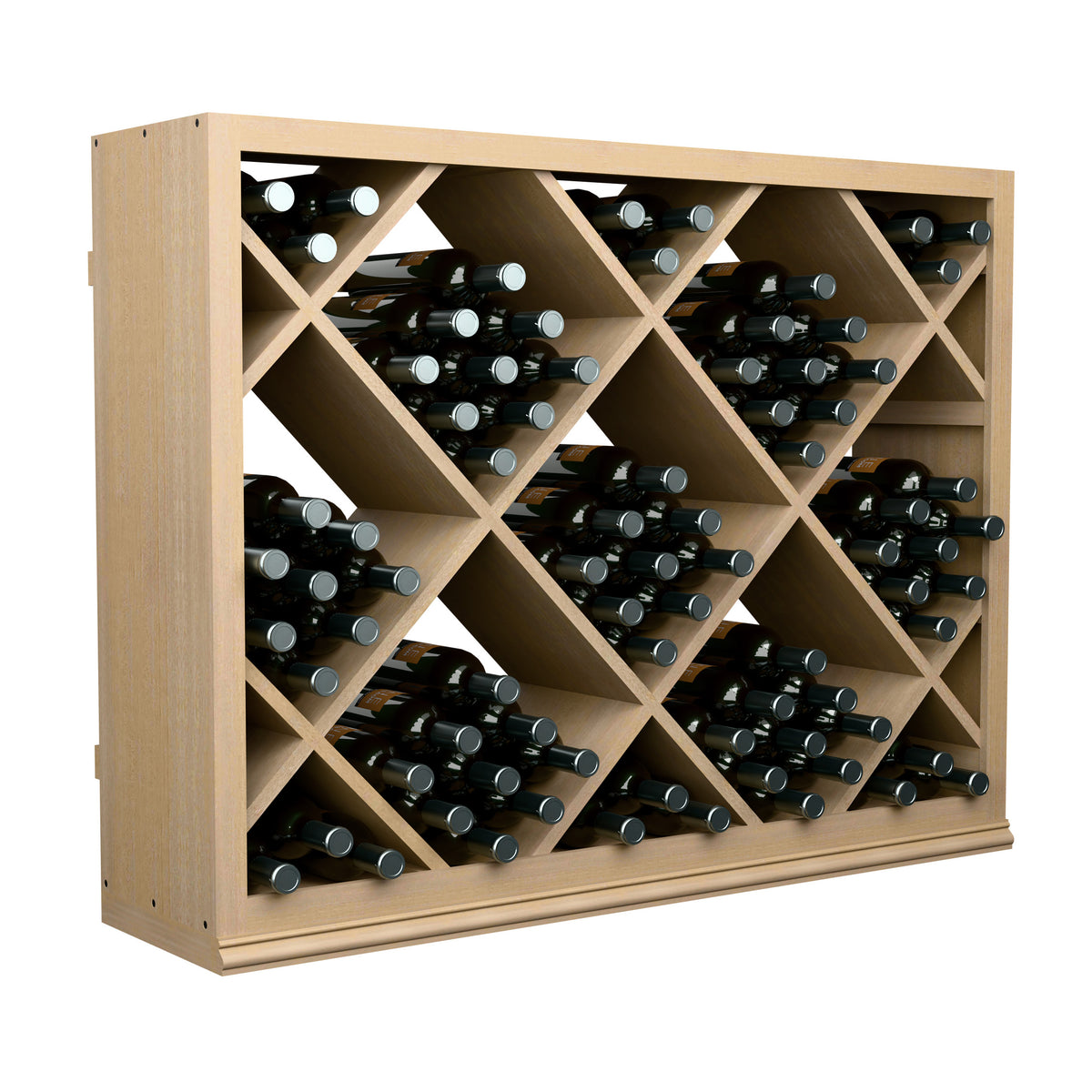 Half-height wine bottle display rack filled with bottles in diamond lattice compartments
