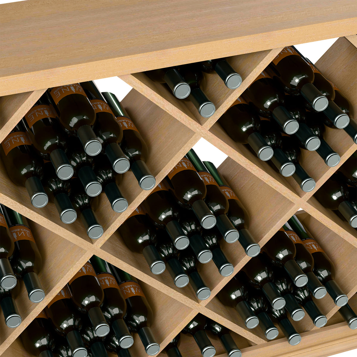 Half-height wine bottle display rack close-up of diamond lattice bottle holders