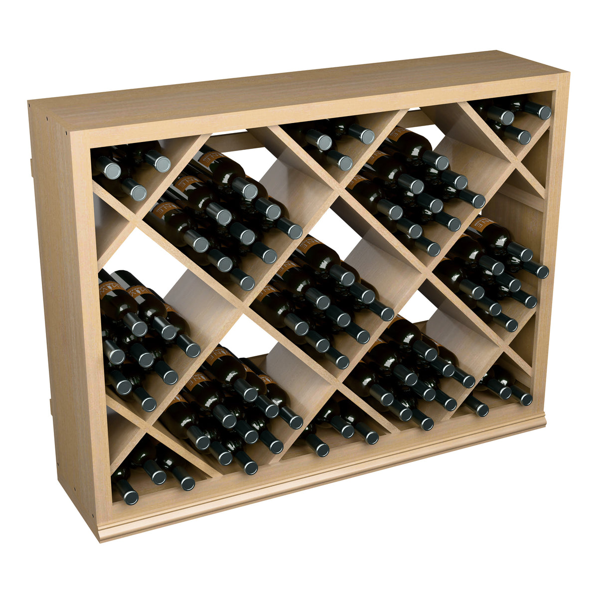 Half-height wine bottle display rack with diamond lattice and neatly arranged bottles