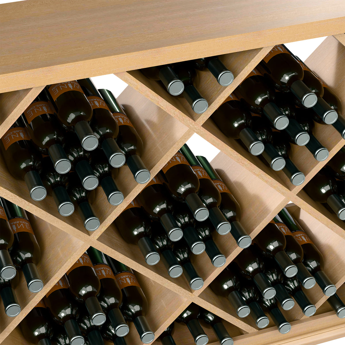 Half-height wine bottle display rack close-up of diamond lattice slots with bottles