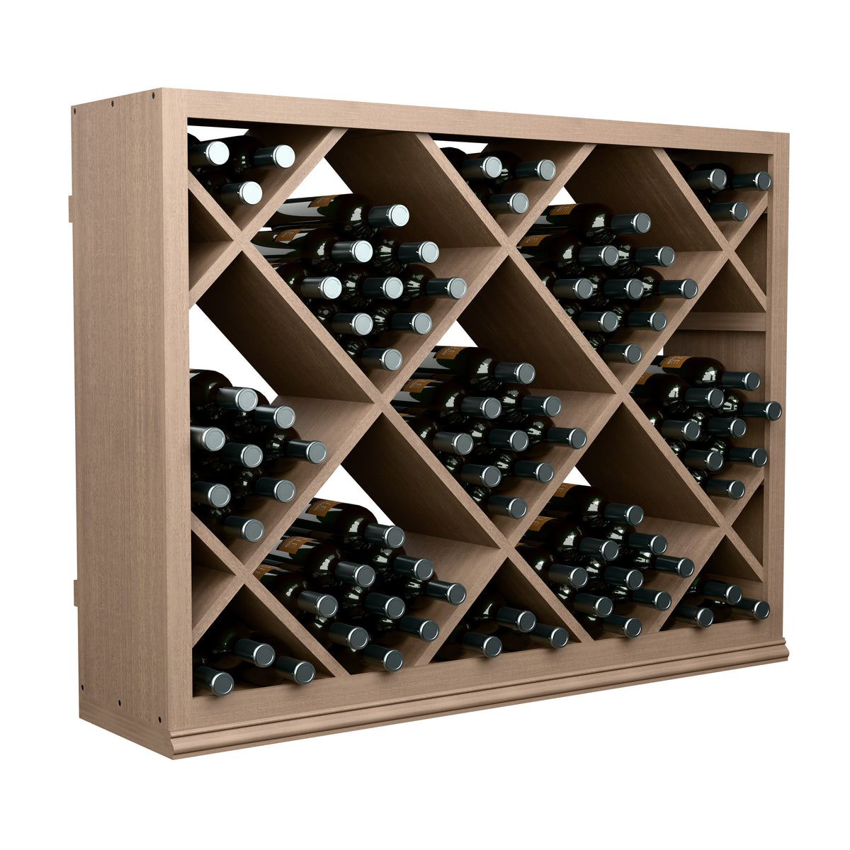Half-height wine bottle display rack filled with bottles in diamond lattice slots
