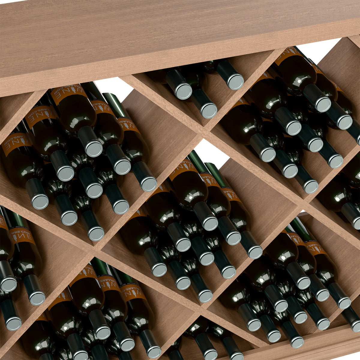 Half-height diamond wine bottle organizer with light wood cubby shelves and bottle necks facing front
