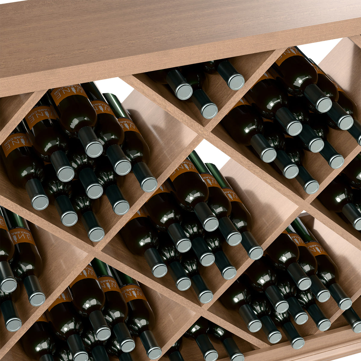 Half-height diamond wine bottle organizer, light wood frame with front-facing bottle bottles in angled slots