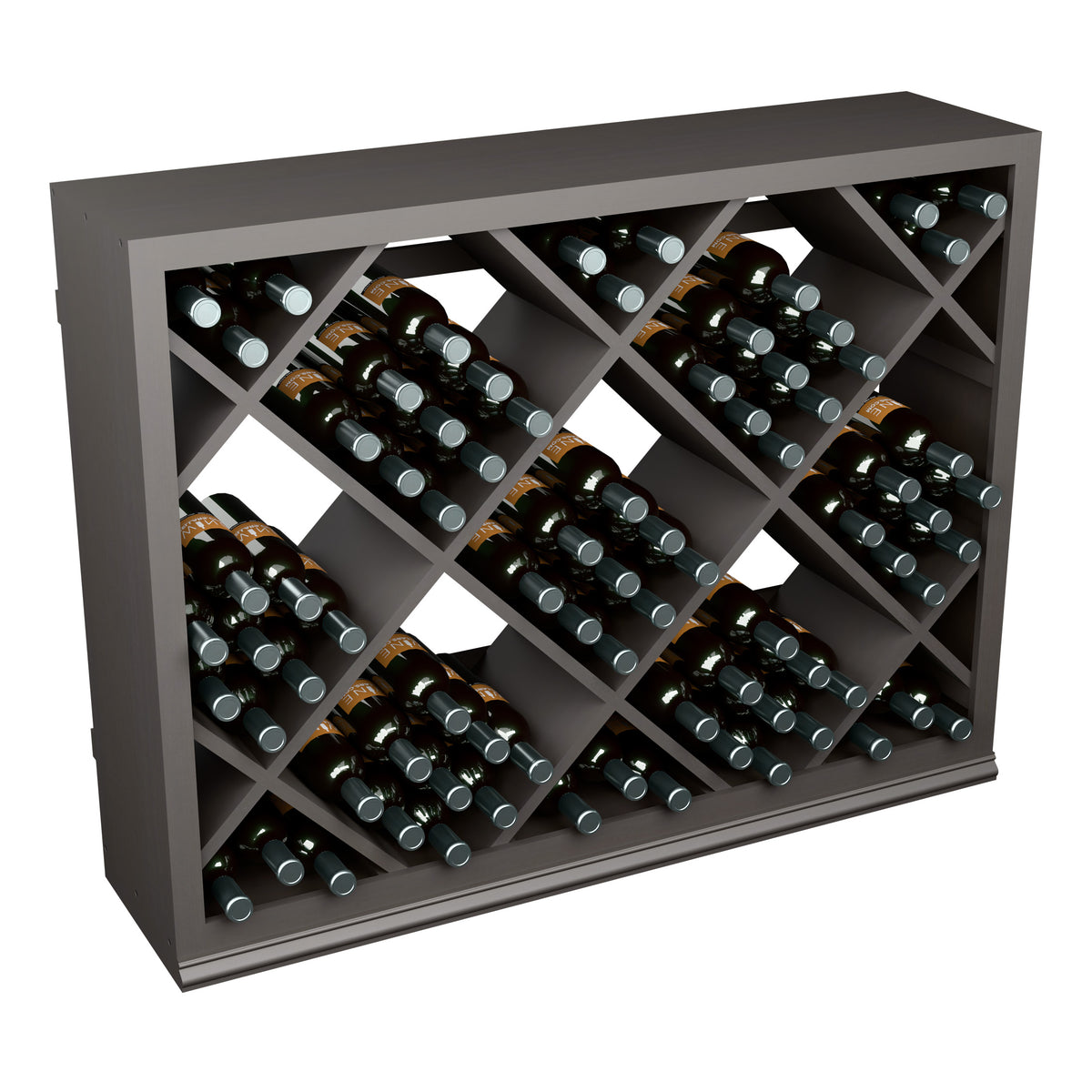 Half-height diamond wine rack with dark finish and open front showing bottle slots and grid dividers
