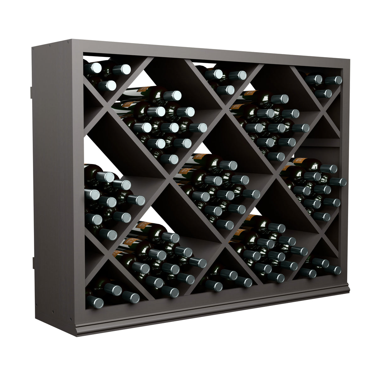 Half-height diamond wine bottle rack with dark frame, crisscross shelves, and multiple bottle rows
