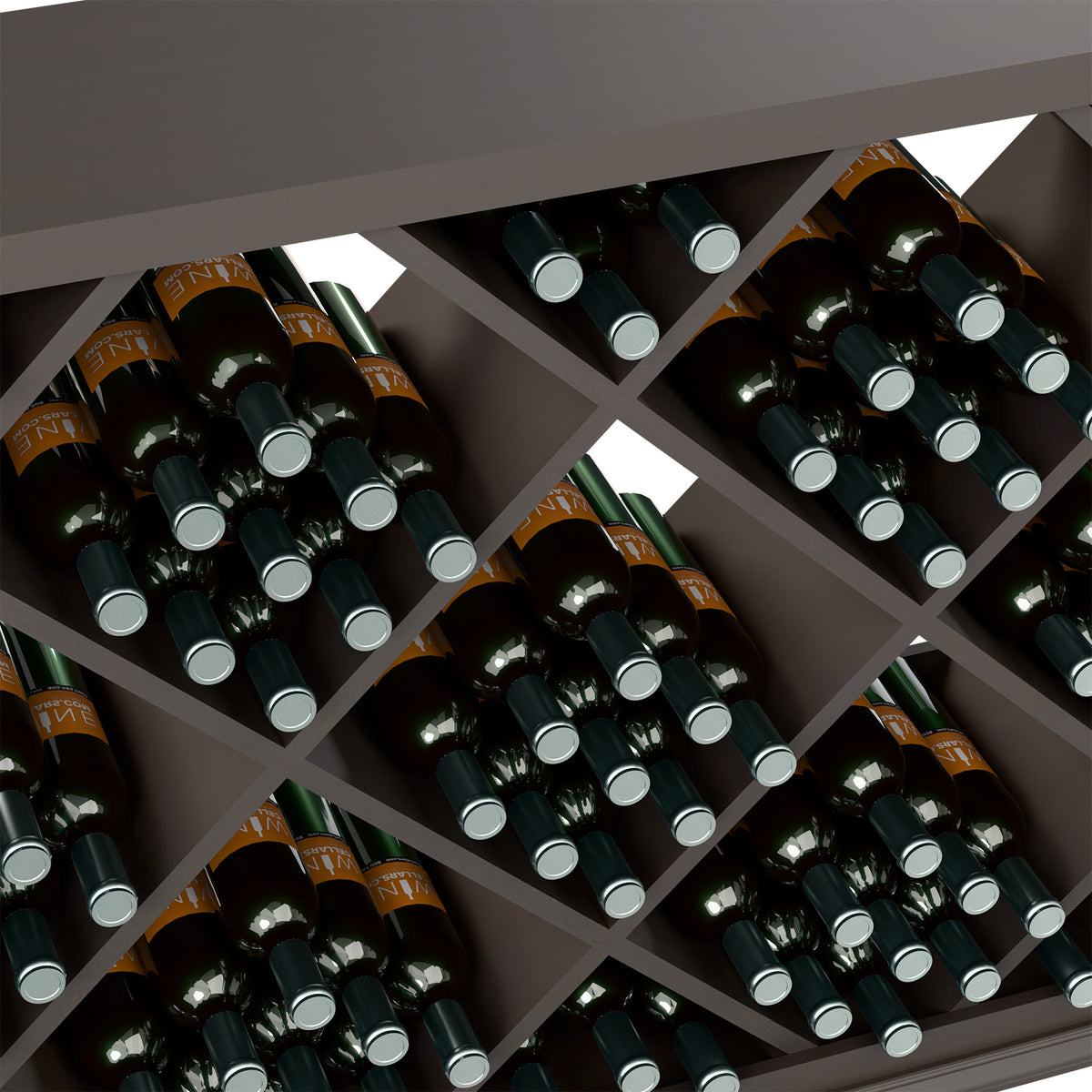 Half-height diamond wine bottle organizer close-up, light wood cubbies holding front-facing bottles