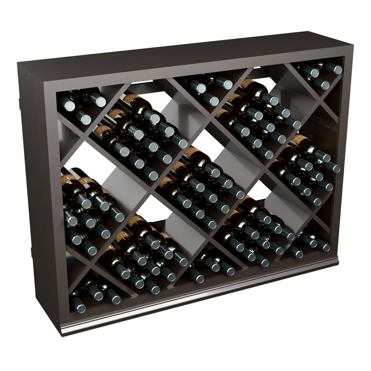 Half-height diamond wine bottle rack with dark finish and open compartments for arranged bottles