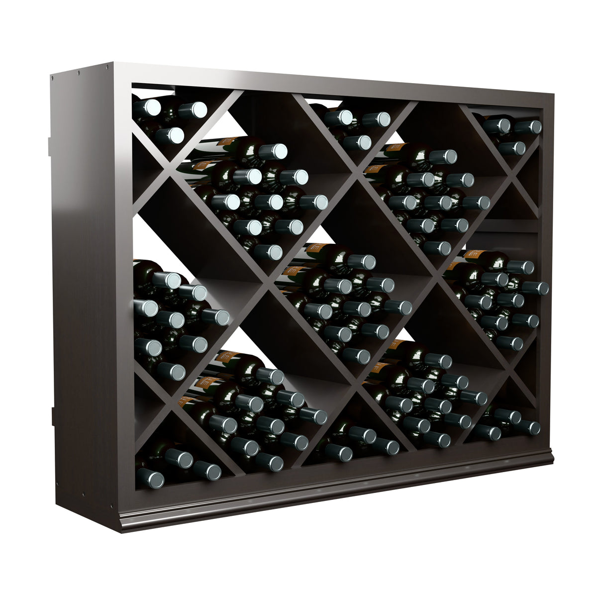 Half-height diamond wine bottle rack with dark frame and front storage cubbies filled with bottles