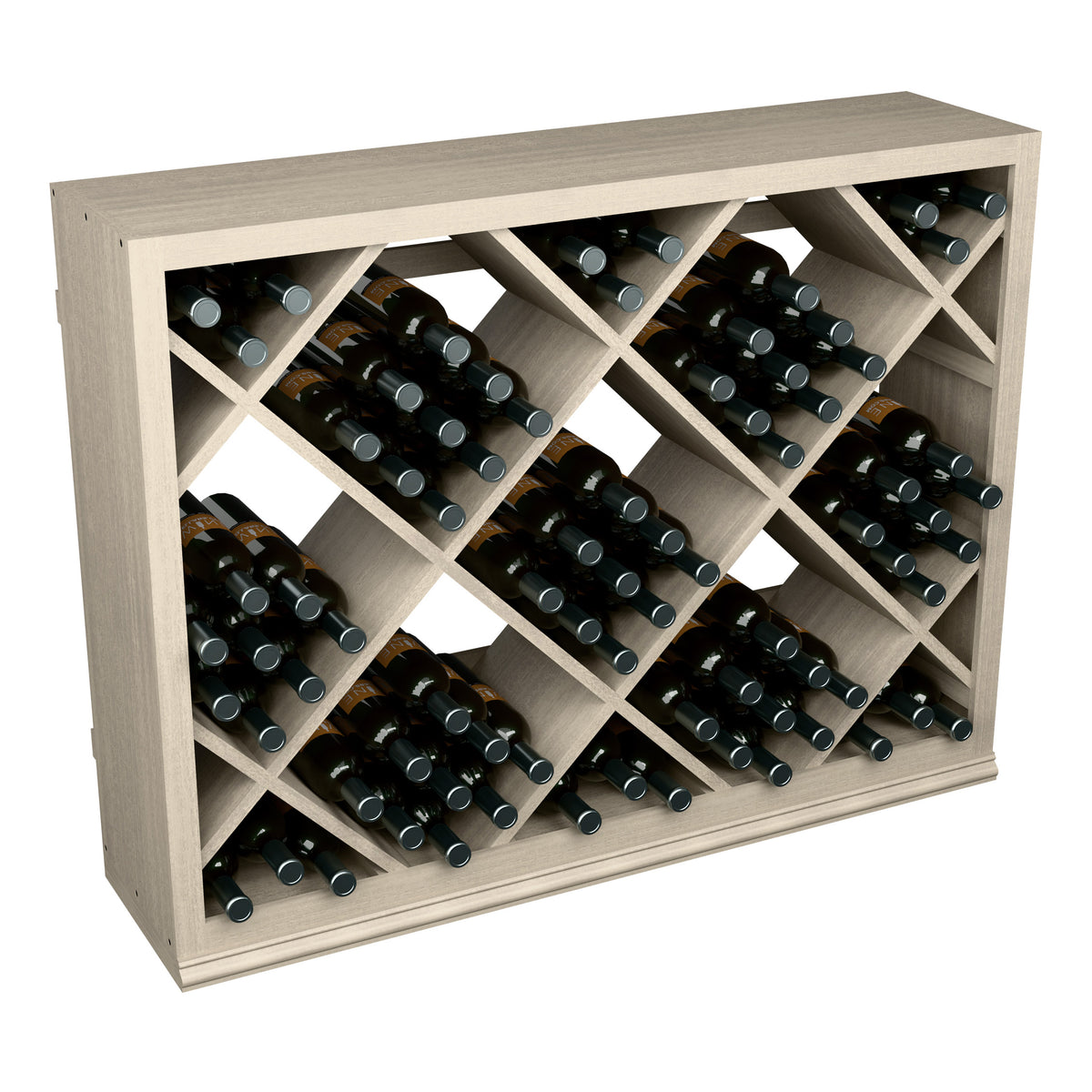 Half-height wine storage cabinet with diamond bottle racks and black wine bottles, grey wood.