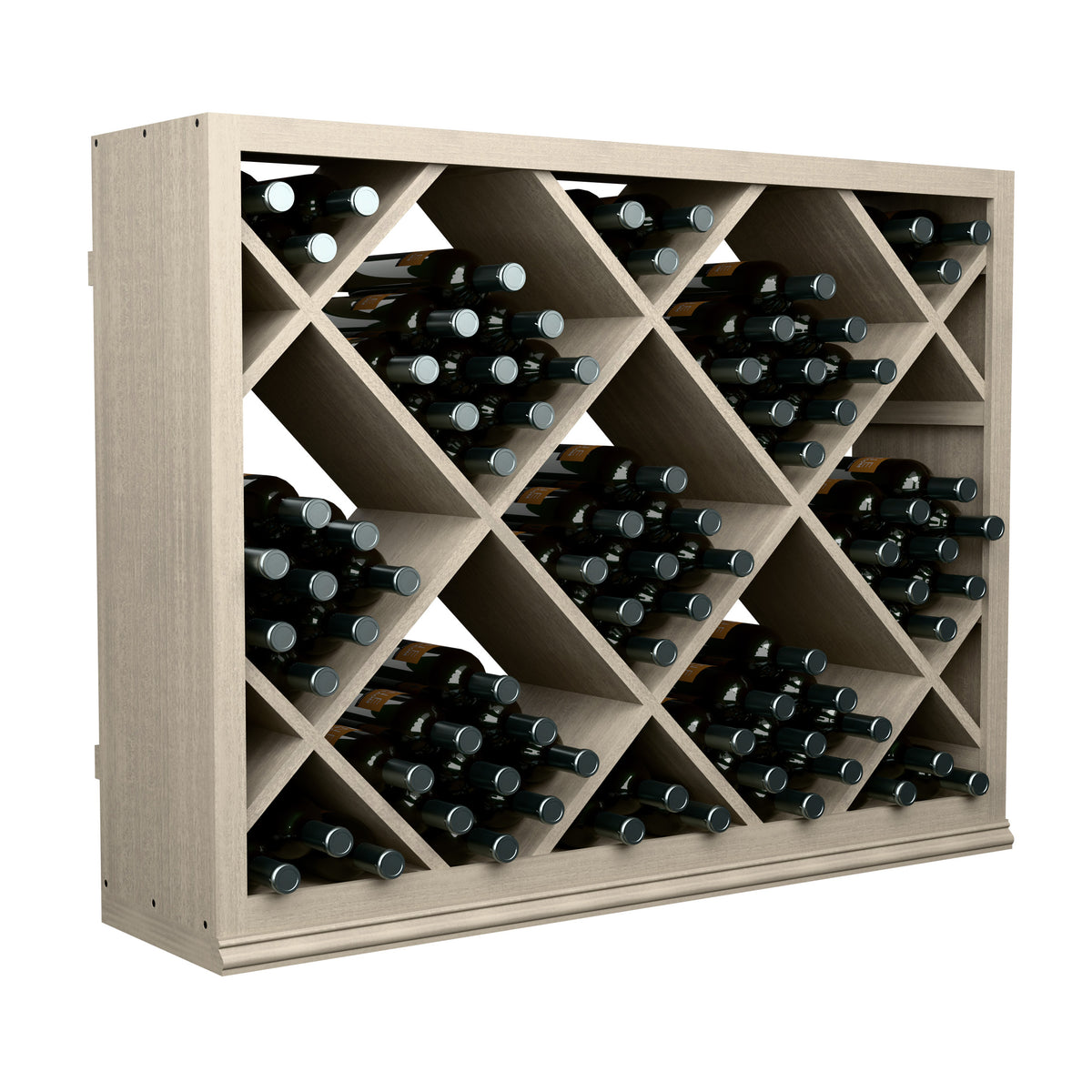Half-height wine storage cabinet with diamond bottle racks and black wine bottles, grey wood front view.