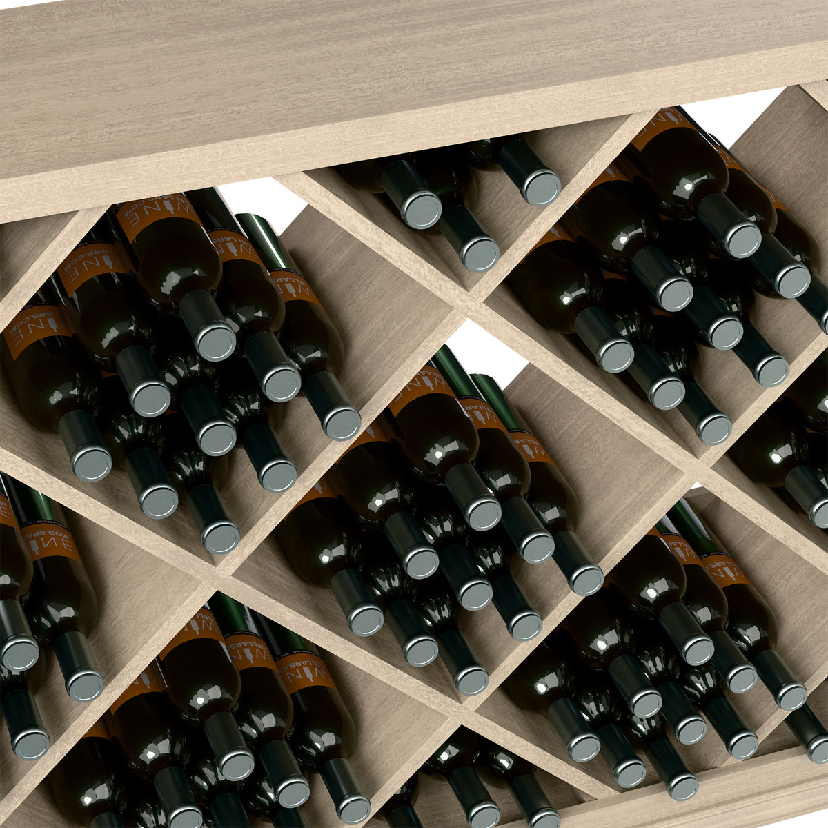Close-up of half-height wine cabinet: diamond-pattern slots holding black wine bottles, grey wood.