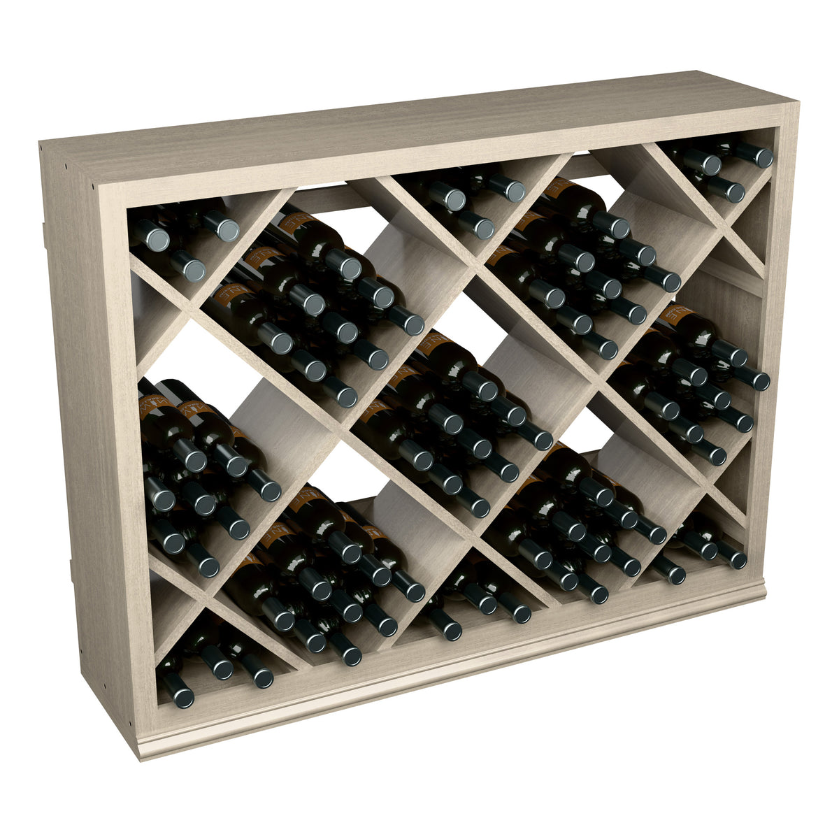 Half-height wine storage cabinet with diamond bottle racks and black wine bottles, grey wood.