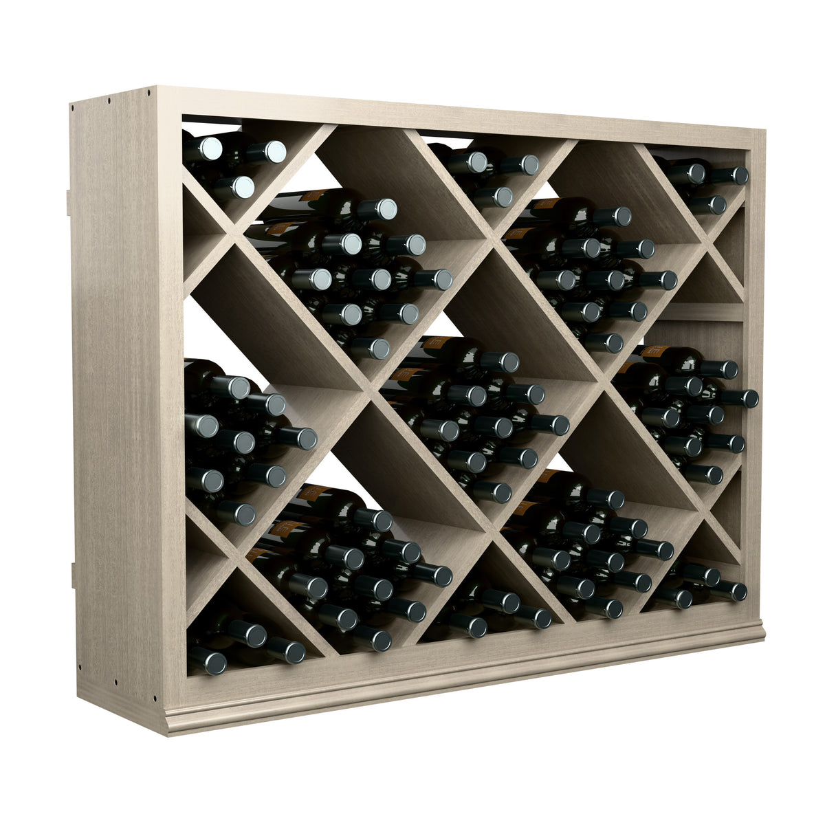 Half-height wine storage cabinet with diamond bottle racks and black wine bottles, grey wood front view.