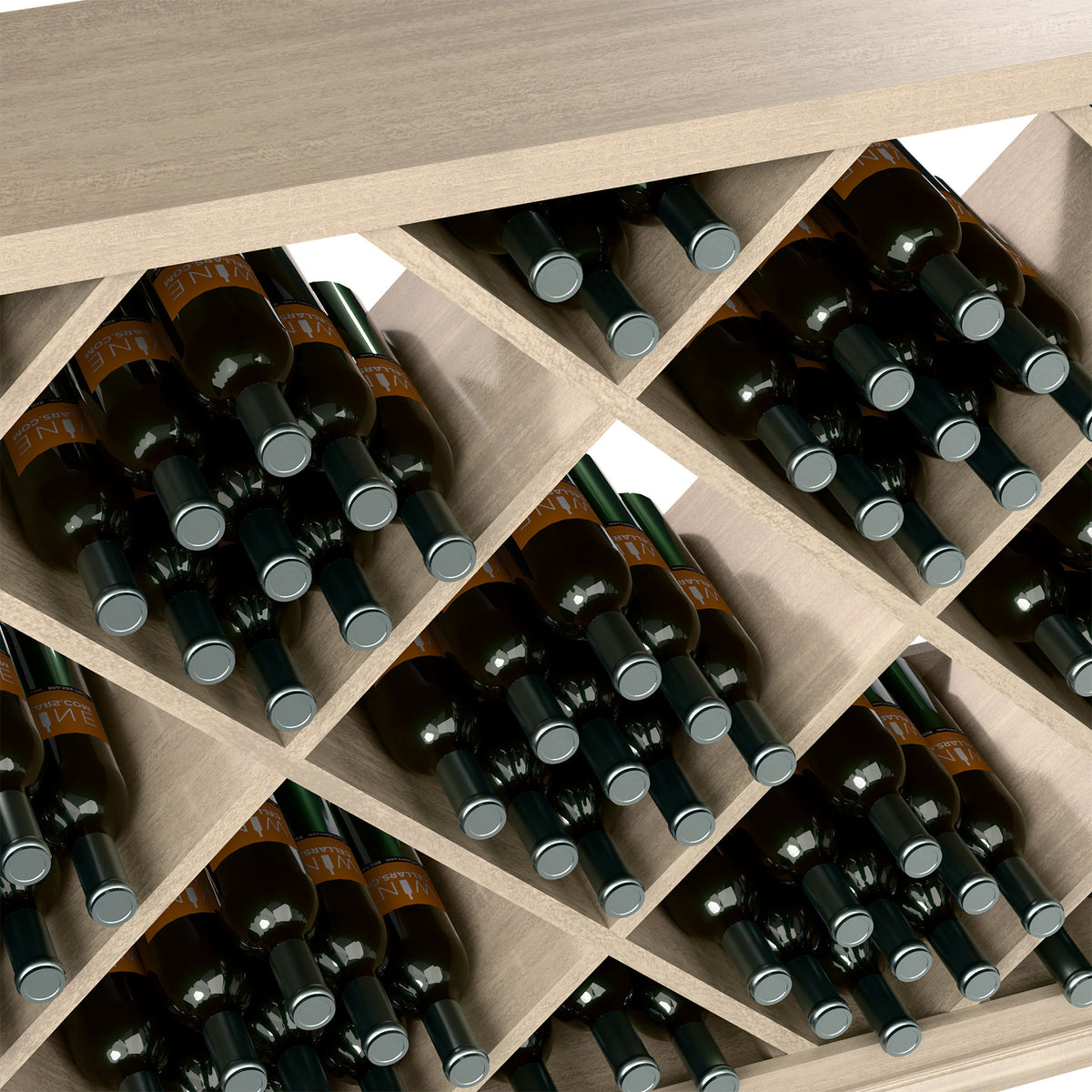 Close-up of half-height wine cabinet with diamond bottle slots holding black wine bottles, grey wood.