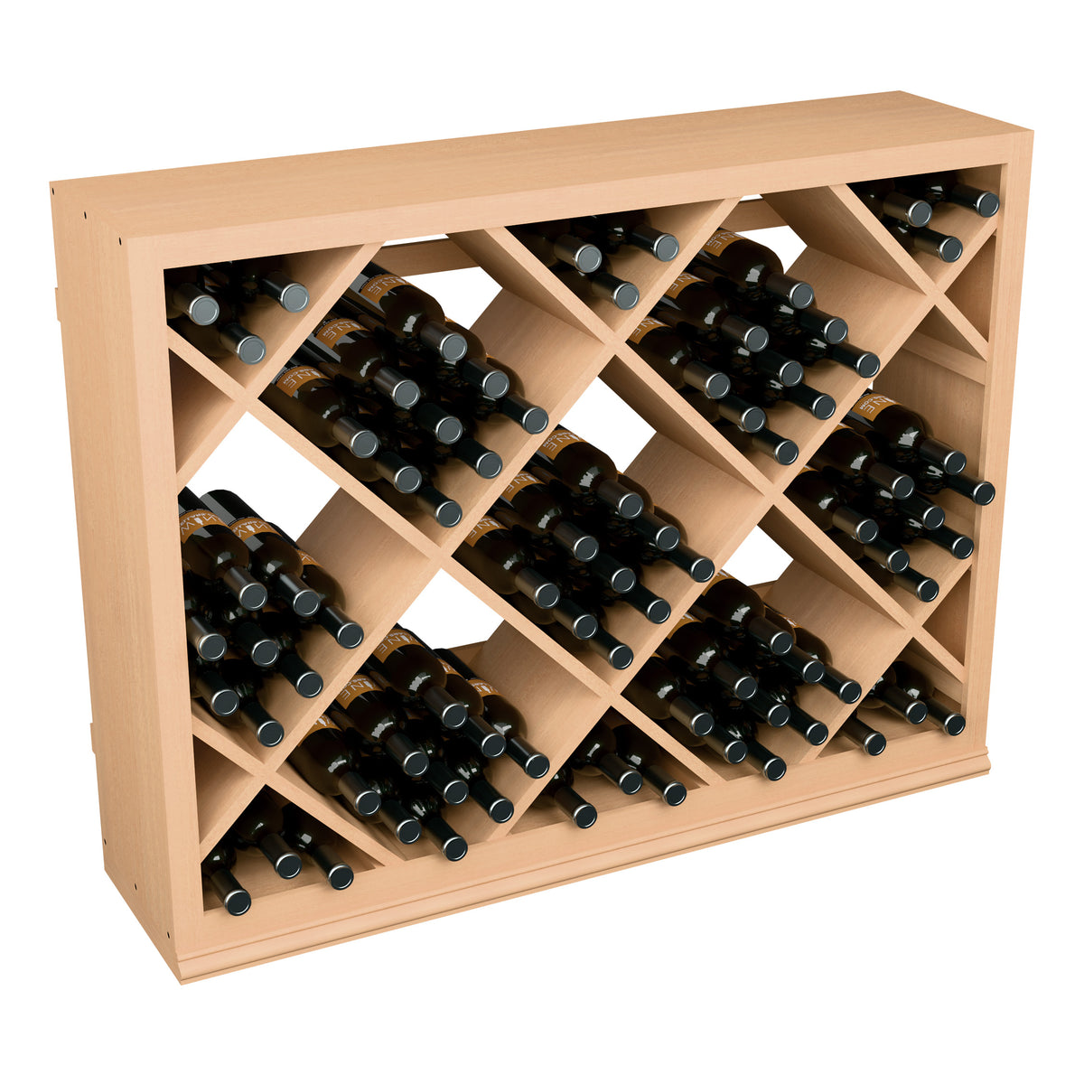 Half-height wine storage cabinet with diamond bottle racks and black wine bottles, light natural wood.