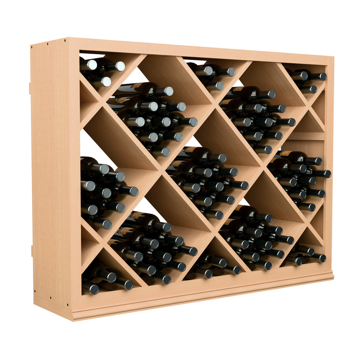 Half-height wine storage cabinet with diamond bottle racks and black wine bottles, light natural wood front view.