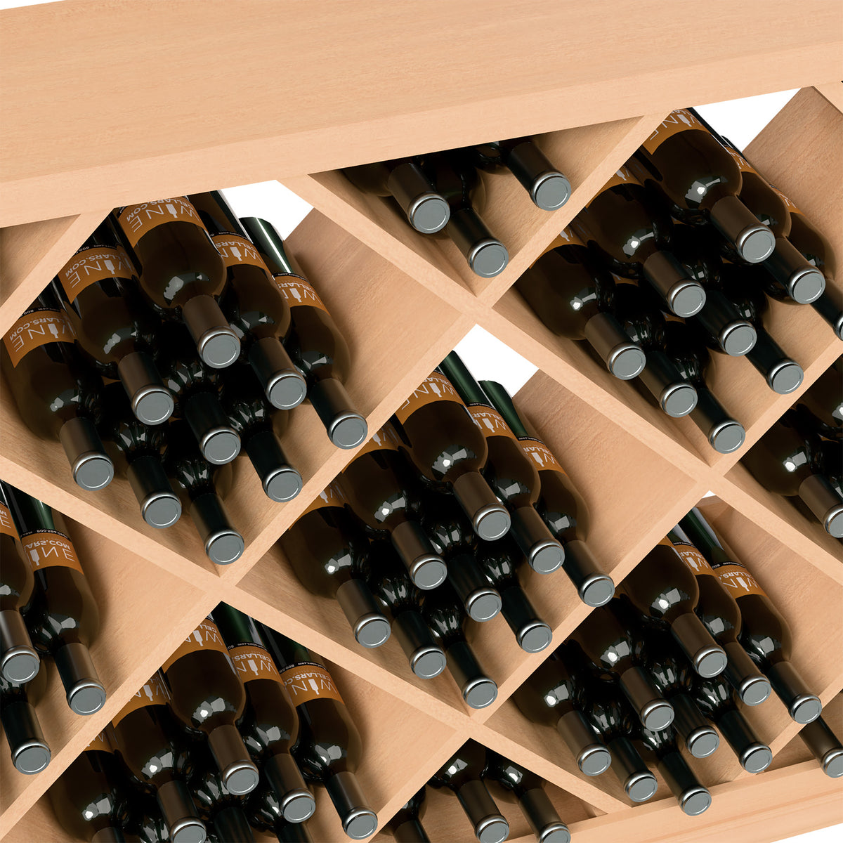 Close-up of half-height wine cabinet: diamond-pattern slots holding black wine bottles, light wood.
