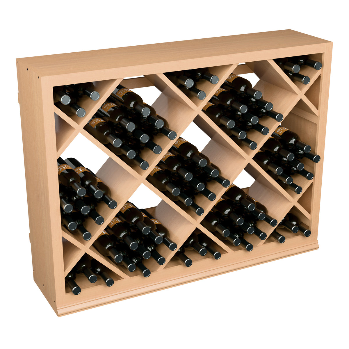 Half-height wine storage cabinet with diamond bottle racks and black wine bottles, light natural wood.