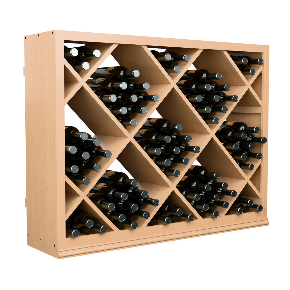 Half-height wine bottle rack in light wood with diamond-pattern cubbies, holding bottles