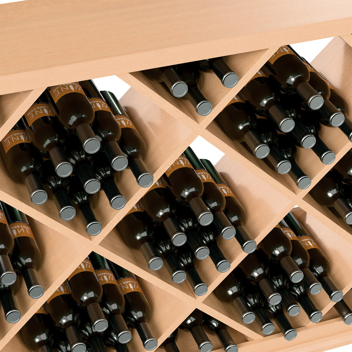 Half-height wine bottle rack close-up in light wood with diamond cubbies and bottles
