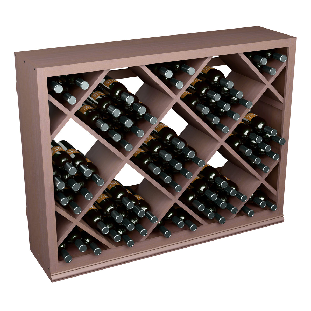 Half-height wine bottle rack in dark wood with diamond-pattern cubbies, holding bottles