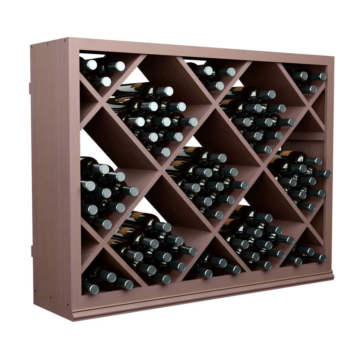 Half-height wine bottle rack in dark wood with diamond-pattern cubbies, front view