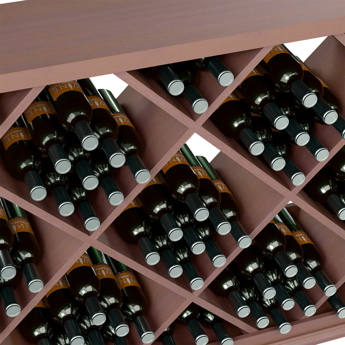 Half-height wine bottle rack close-up in dark wood with diamond cubbies and bottles