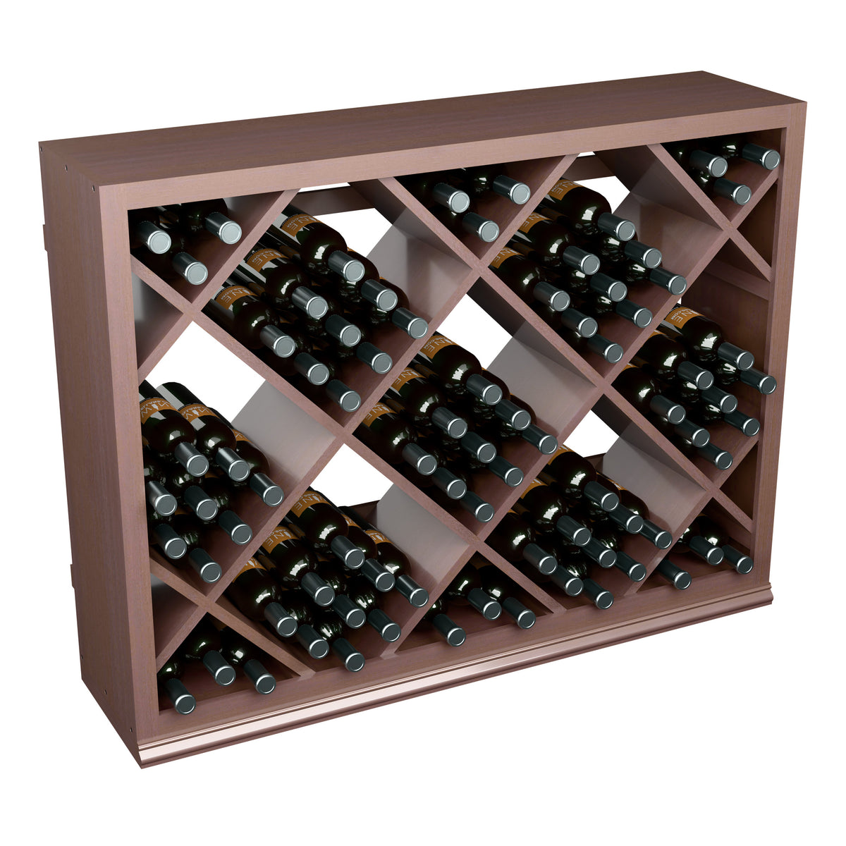 Half-height wine bottle rack in medium-dark wood with diamond cubbies, holding bottles