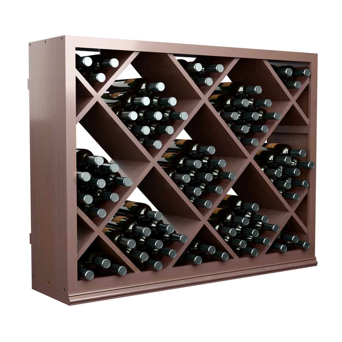 Half-height wine bottle rack in medium-brown wood with diamond-pattern cubbies, holding bottles