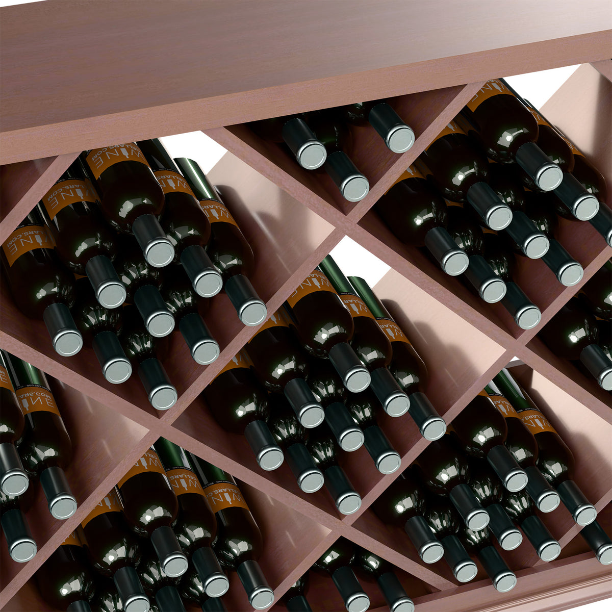Half-height wine bottle rack close-up in medium-brown wood with diamond cubbies