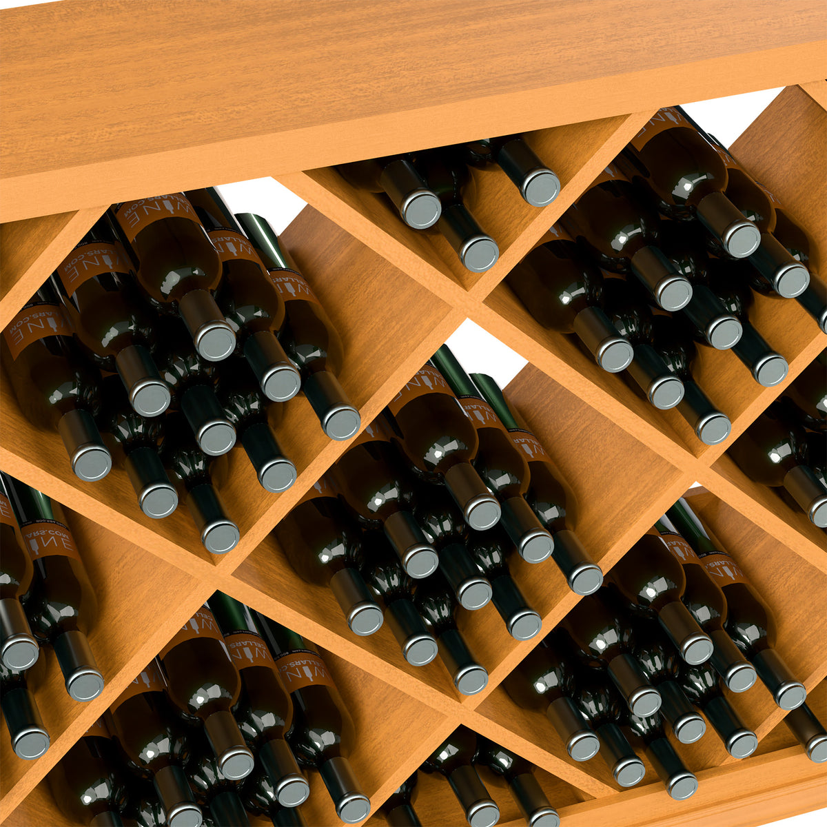 Half-height diamond-pattern wine bin with wooden grid and black wine bottles in slots