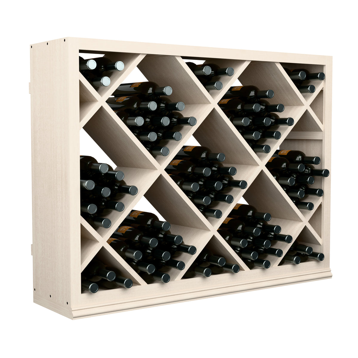 Half-height diamond-pattern wine bin with open frame and wine bottles stored in crisscross cells