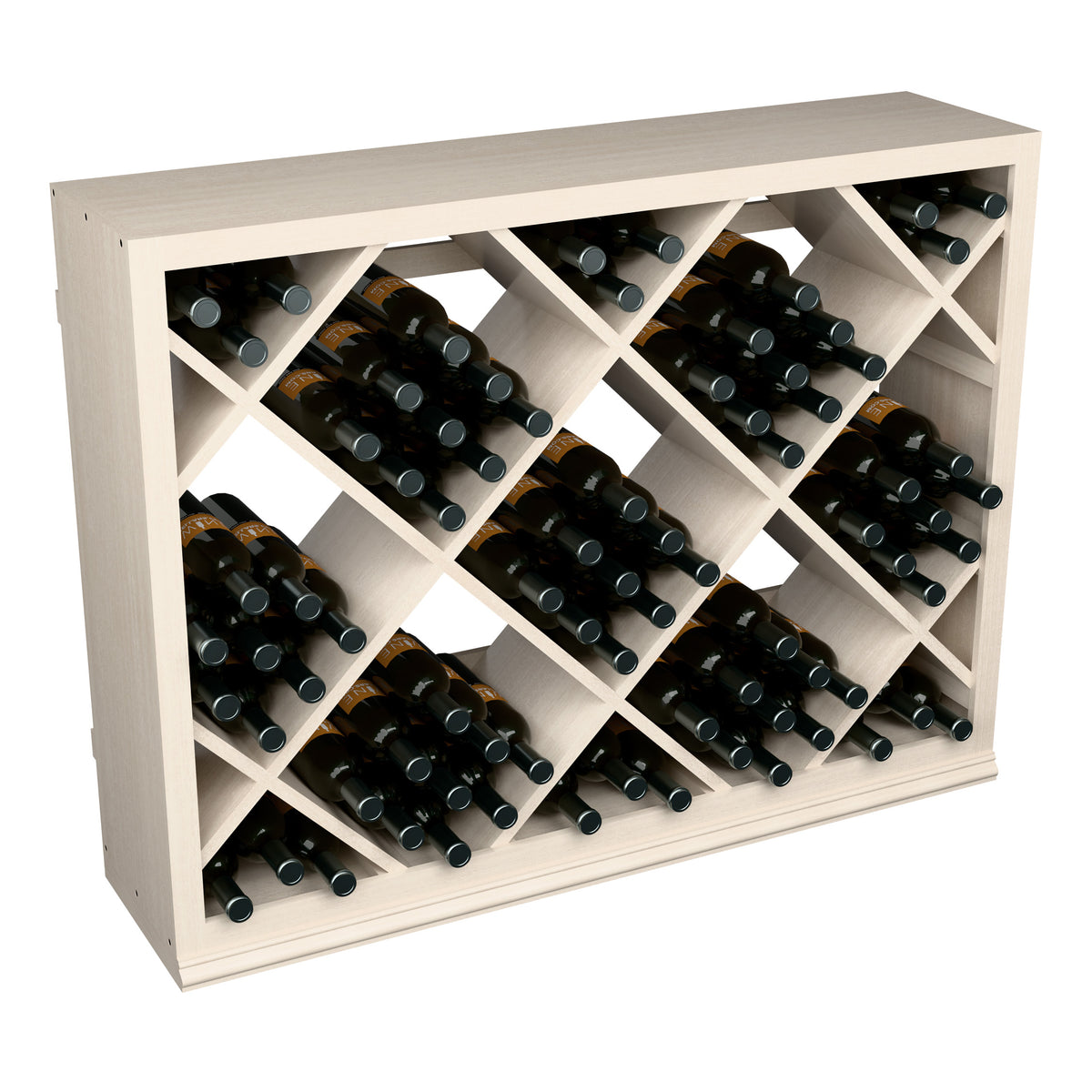 Half-height diamond-pattern wine bin with white/light wood frame and neatly stored wine bottles