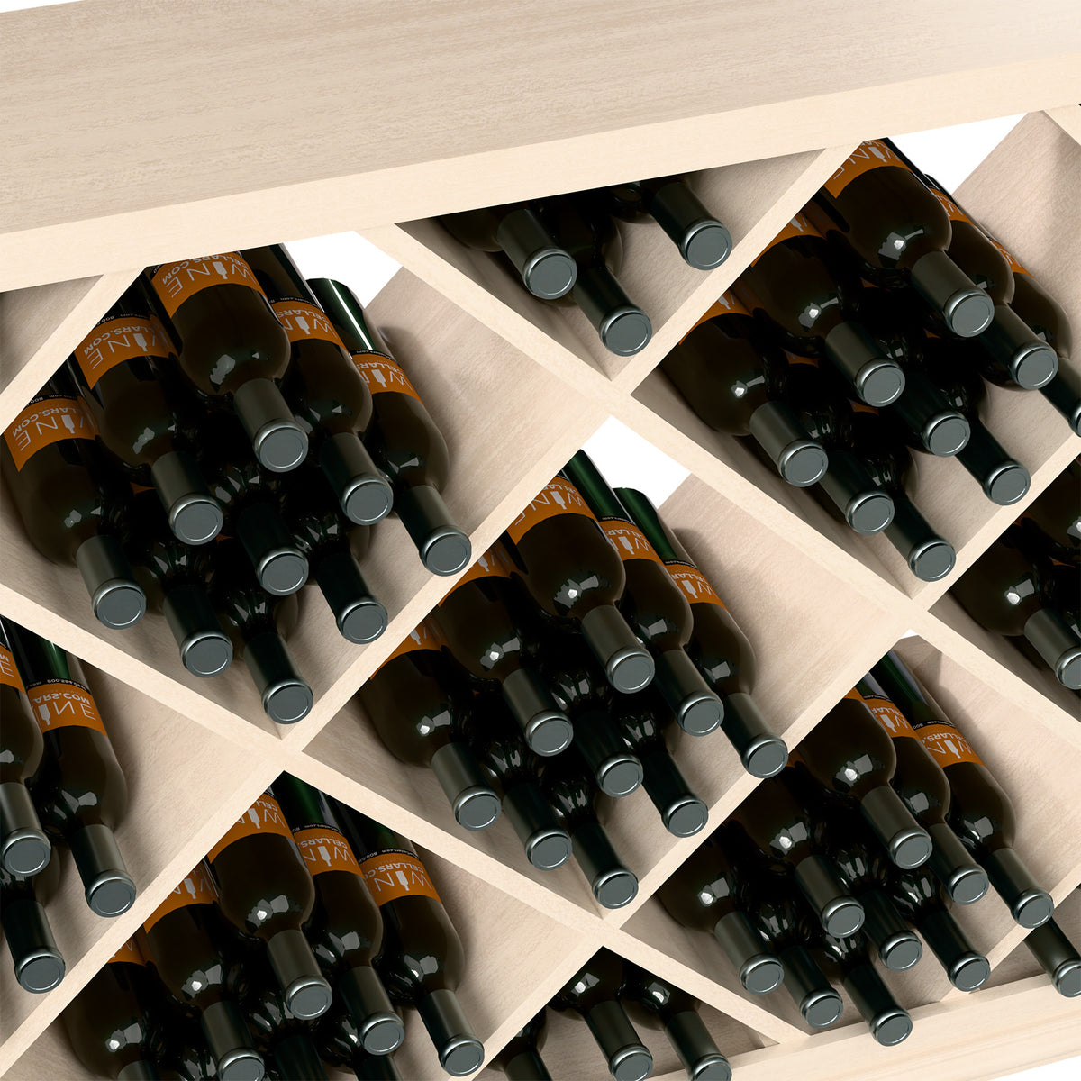 Close-up of half-height diamond wine bin showing bottles in wooden diagonal lattice openings
