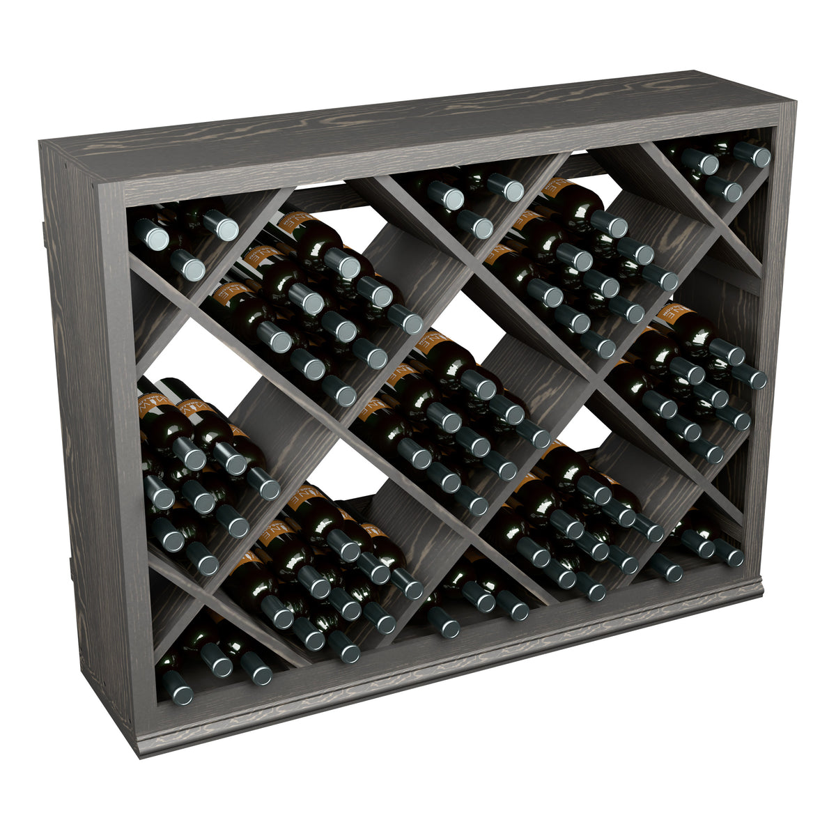 Half-height wine storage cabinet with diamond lattice, dark grey wood, holds bottles upright