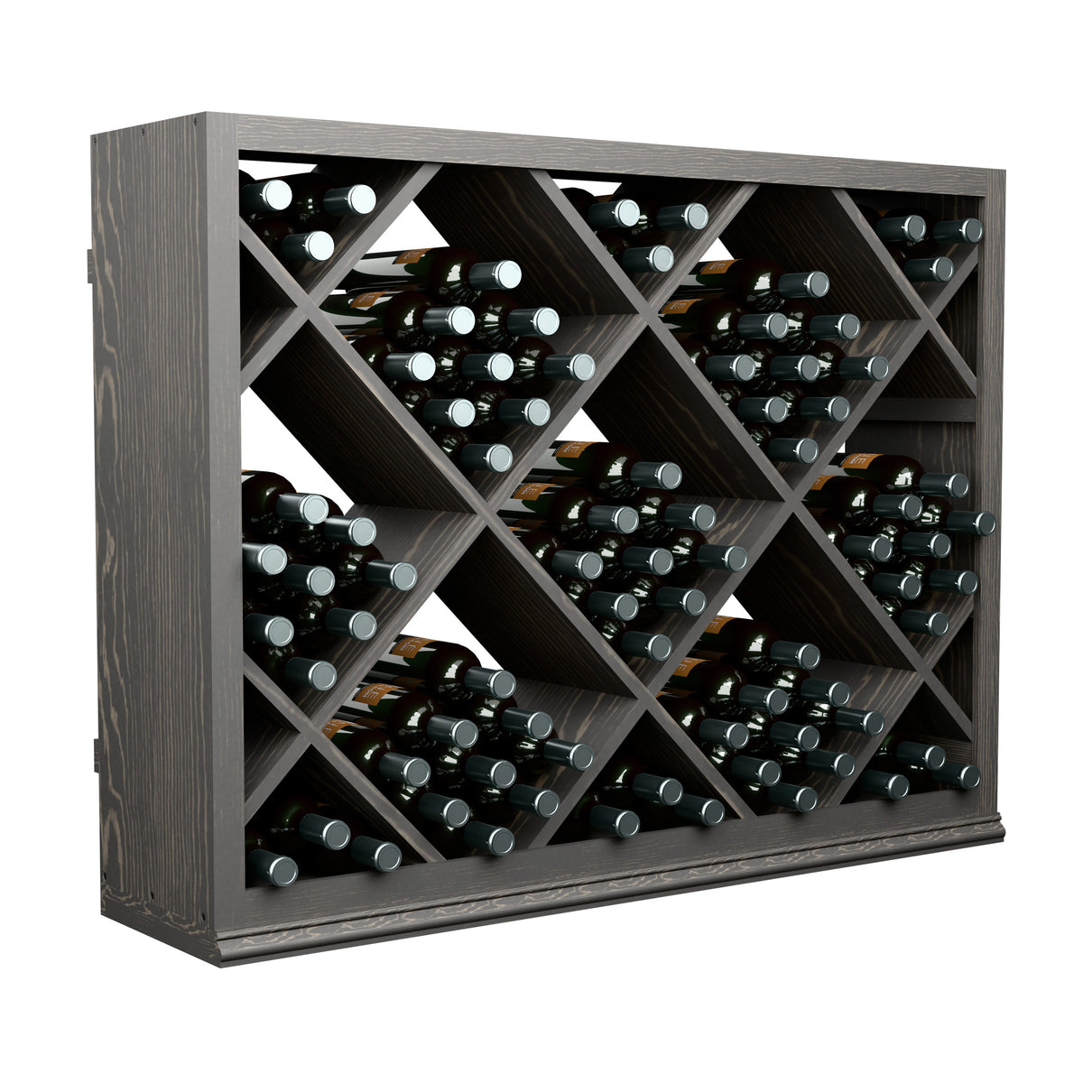 Half-height wine storage cabinet with diamond lattice, dark grey wood, bottle slots visible