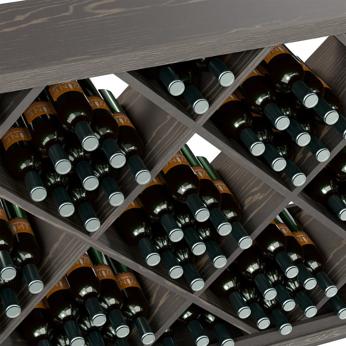 Diamond lattice wine rack detail with dark bottles and silver bottle caps inside