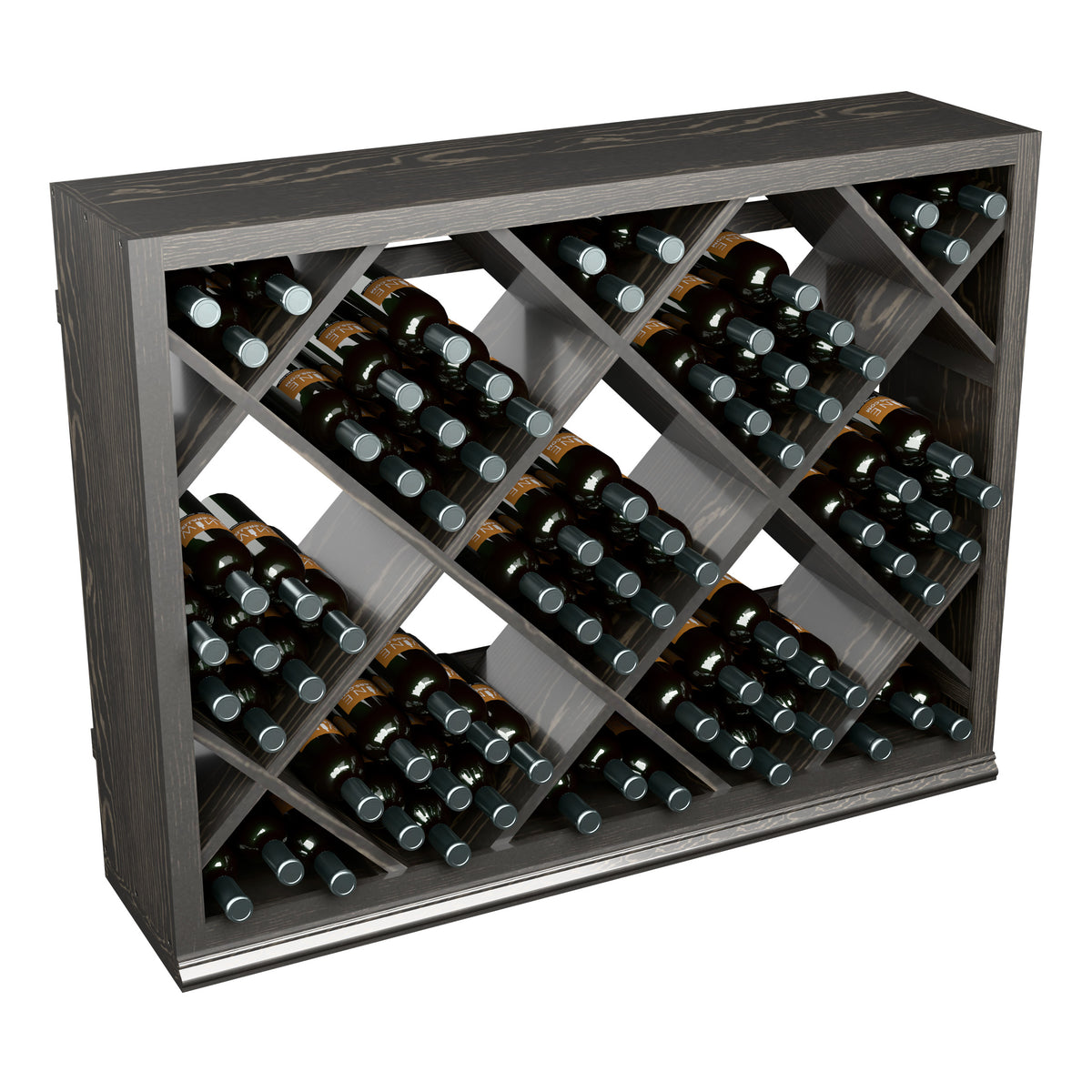 Half-height wine storage cabinet with diamond lattice, dark grey wood, rows of bottles