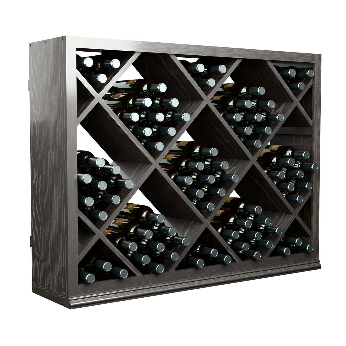 Half-height wine storage cabinet with diamond lattice, dark grey wood, front view with bottles