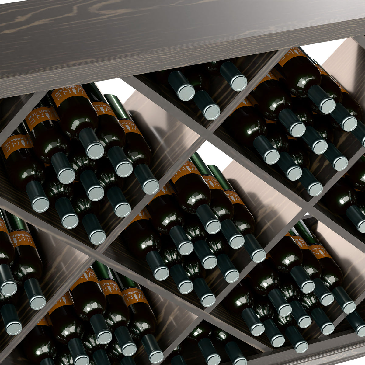 Diamond lattice wine rack close-up with dark wine bottles and metal caps