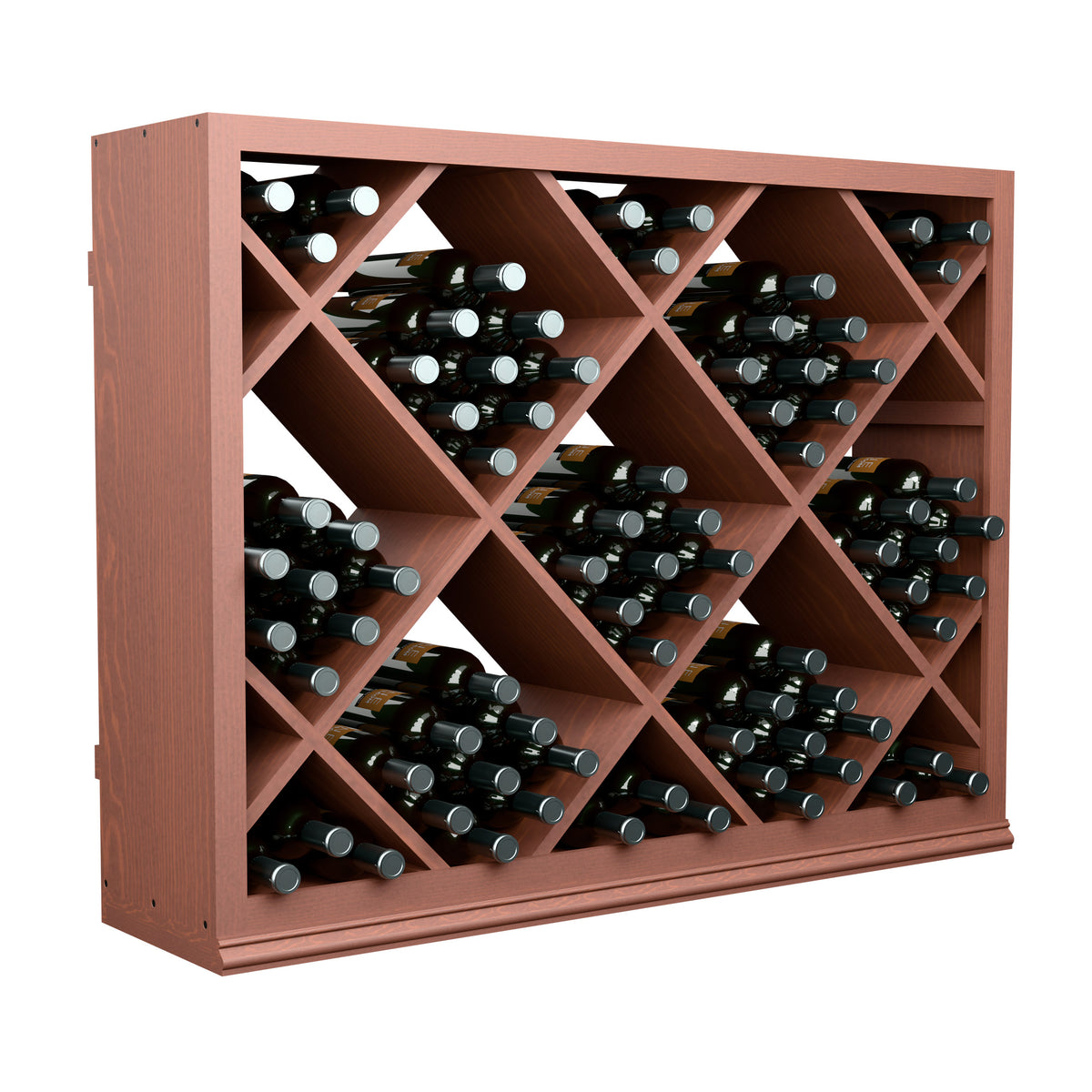 Half-height wine storage cabinet with diamond lattice, reddish wood, bottle slots visible