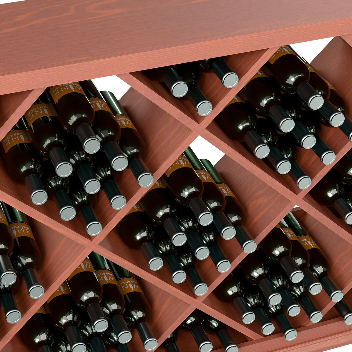 Diamond lattice wine rack detail with dark wine bottles and silver bottle caps